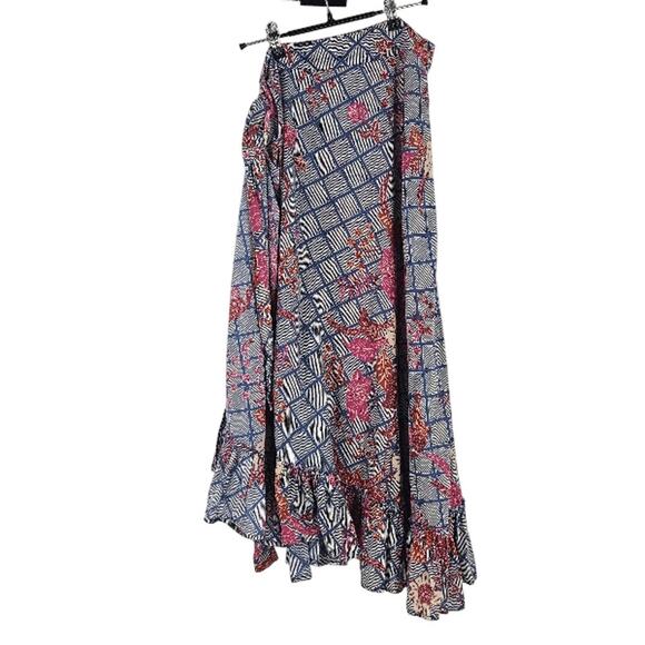 Apiece Apart Feliz Wrap Skirt Blue Red Floral Check Ruffle Hem Midi Size 0 - Picture 2 of 7